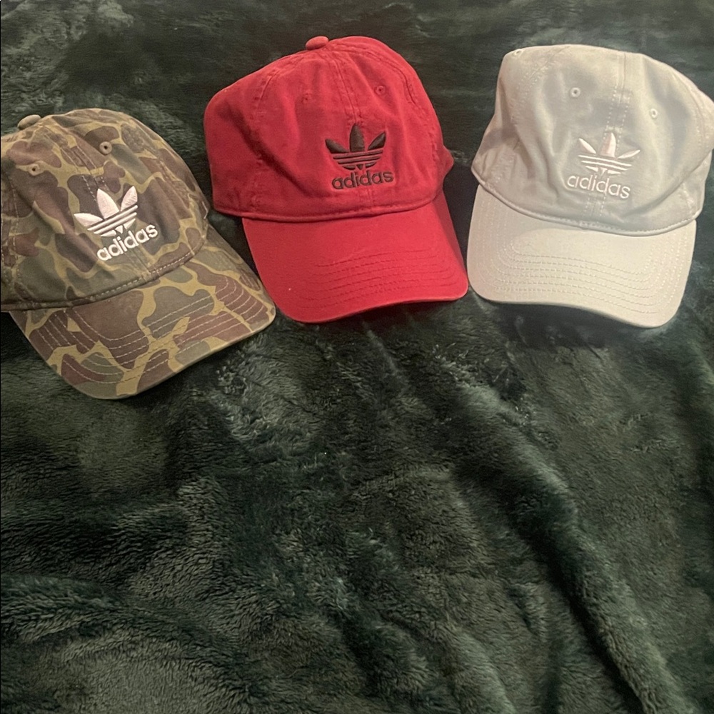 Adidas Caps in Burgundy, Camo, and Mint Green